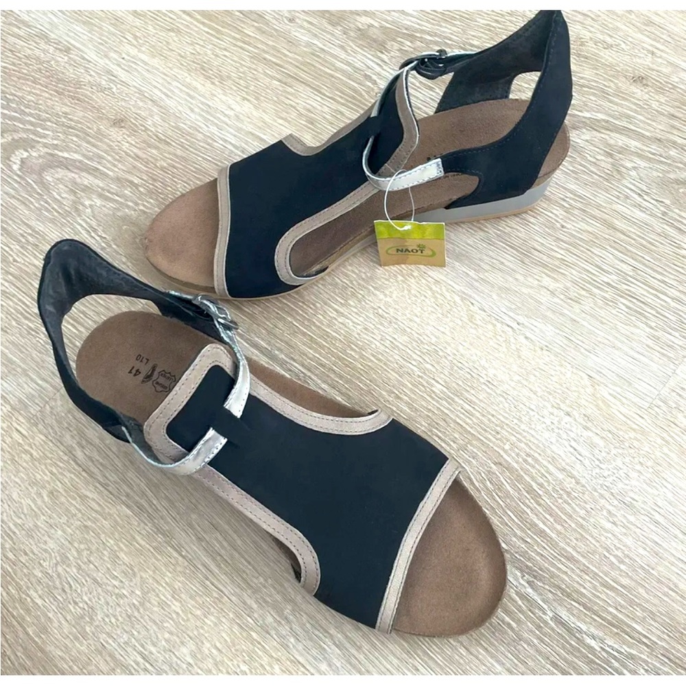 Naot EUR 41 US 10 Fiona Black Suede Leather Ankle Strap Wedge Heel Sandals NEW